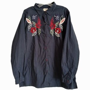 Bobbi Brooks Size XL Navy Button Down Leaf Embroidered Shirt 100% Cotton